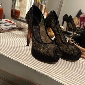 Galliano Era Christian Dior Elegant Black Lace Peep-Toe Heels